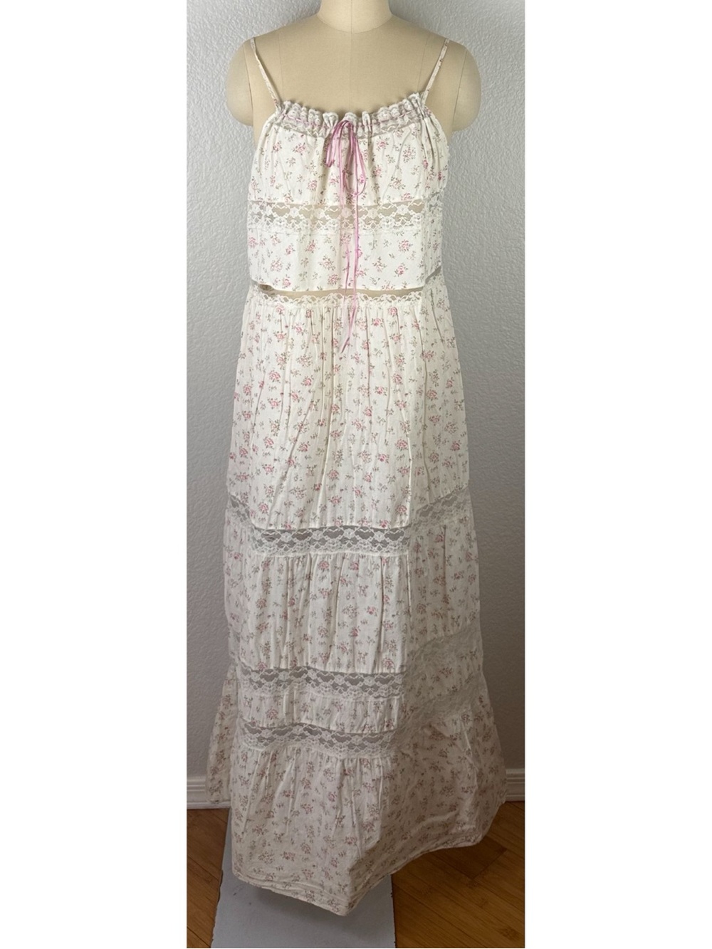 Victoria's Secret Vintage Y2K Floral Print Lace Trim Tiered Maxi Dress Large - Picture 7 of 10